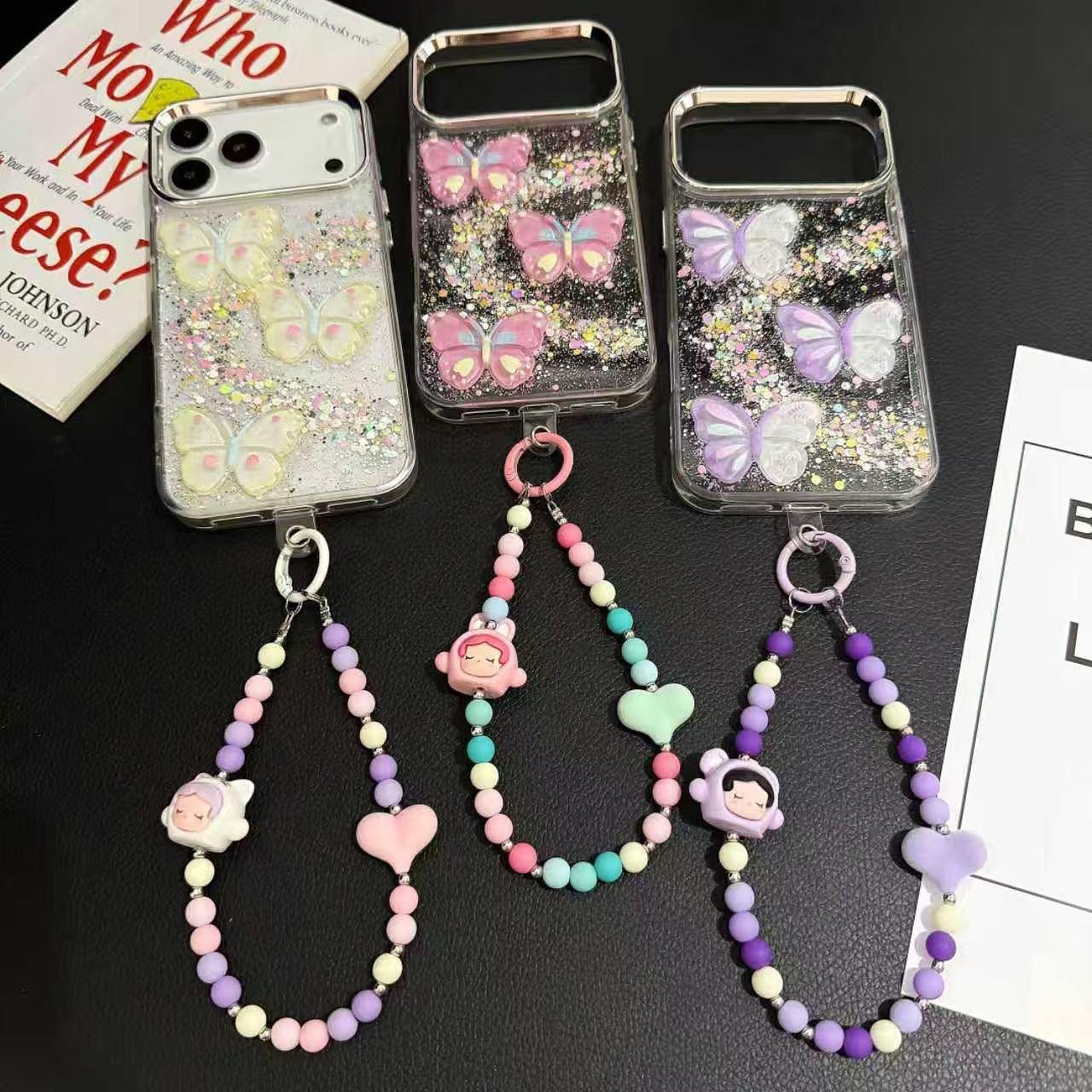 Cute Cartoon Doll & Pastel Heart Beaded Phone Lanyard | Anti-Lost Wrist Strap