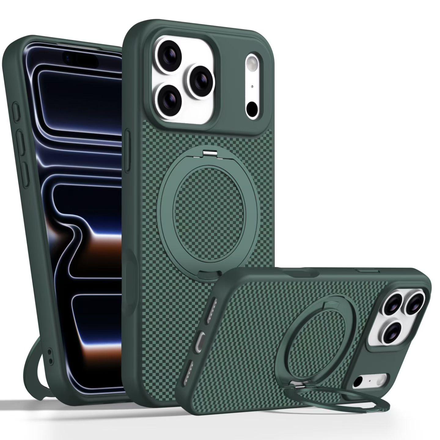 18 Carbon Magnetic Bracket Series Case for iPhone | Carbon Fiber Texture Slim Shockproof Cover with Built-in Invisible Kickstand & MagSafe Support