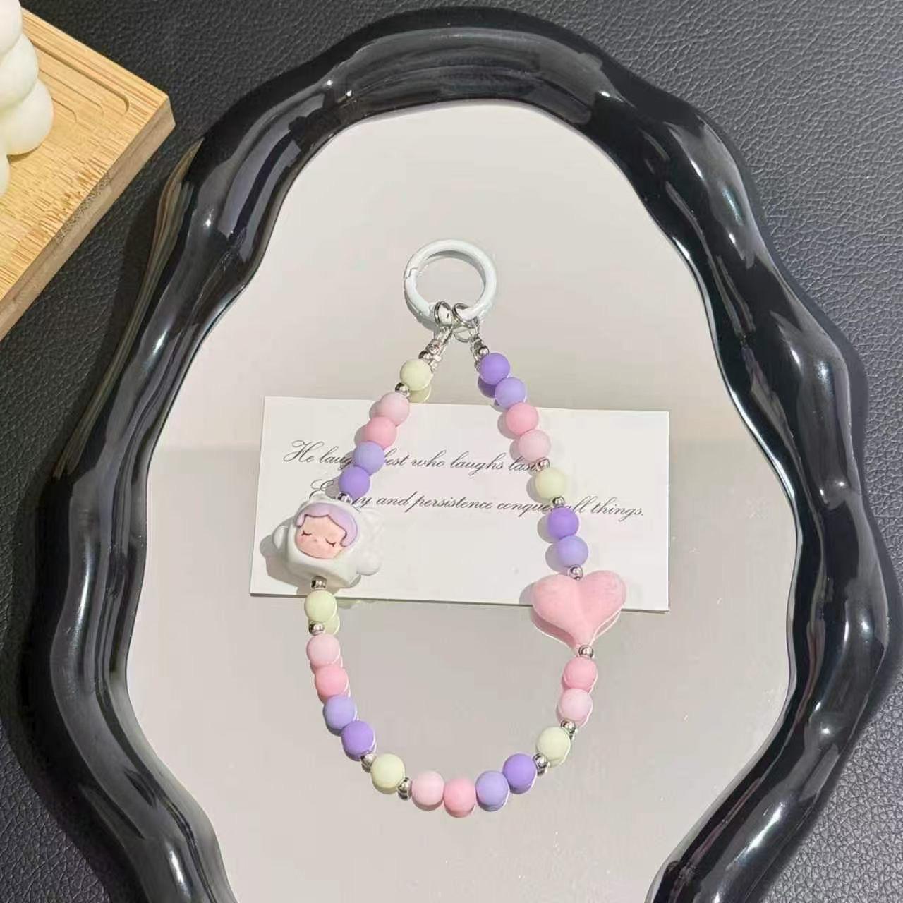 Cute Cartoon Doll & Pastel Heart Beaded Phone Lanyard | Anti-Lost Wrist Strap
