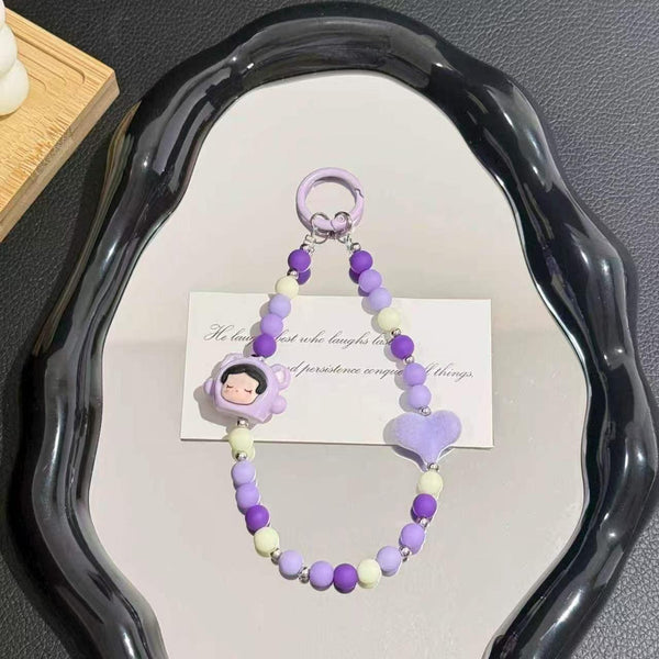 Cute Cartoon Doll & Pastel Heart Beaded Phone Lanyard | Anti-Lost Wrist Strap