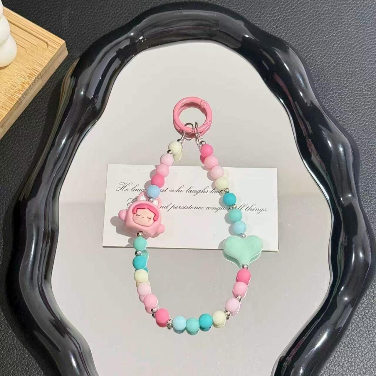 Cute Cartoon Doll & Pastel Heart Beaded Phone Lanyard | Anti-Lost Wrist Strap
