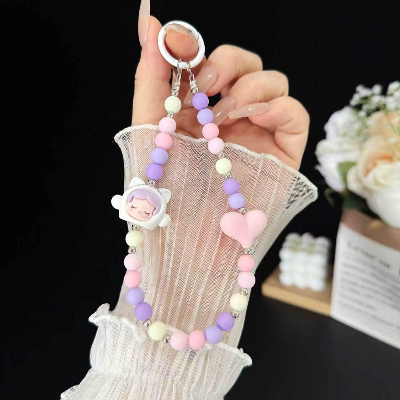 Cute Cartoon Doll & Pastel Heart Beaded Phone Lanyard | Anti-Lost Wrist Strap