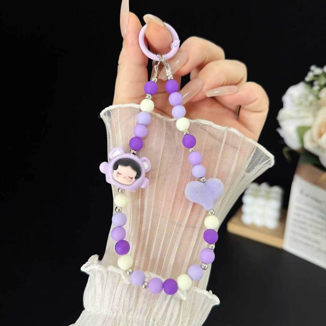Cute Cartoon Doll & Pastel Heart Beaded Phone Lanyard | Anti-Lost Wrist Strap