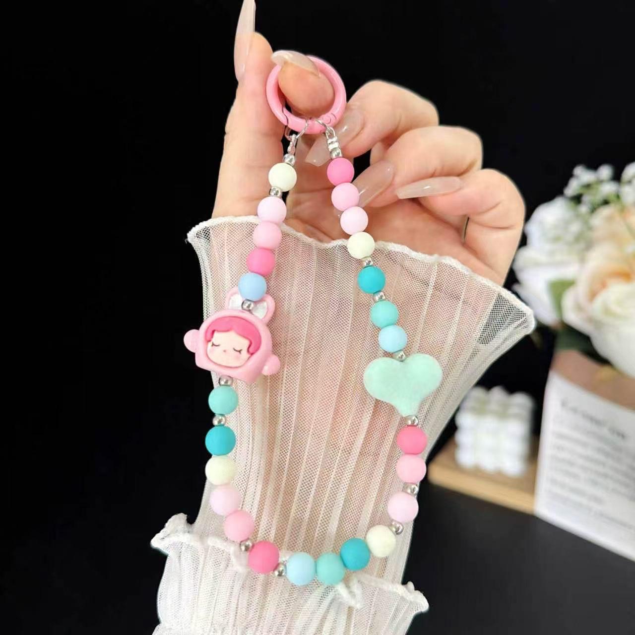 Cute Cartoon Doll & Pastel Heart Beaded Phone Lanyard | Anti-Lost Wrist Strap