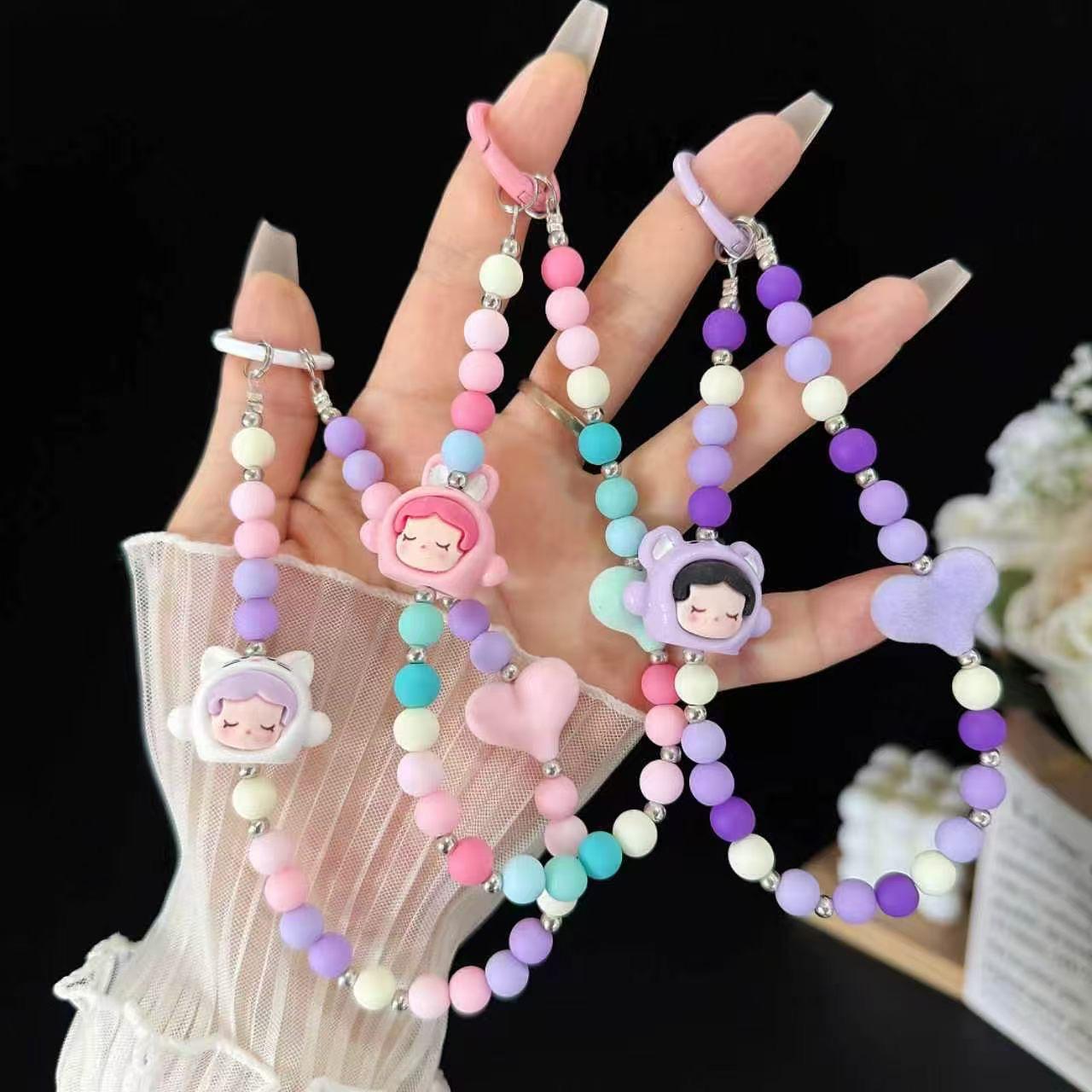 Cute Cartoon Doll & Pastel Heart Beaded Phone Lanyard | Anti-Lost Wrist Strap