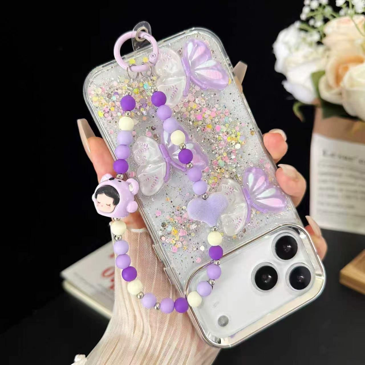 Cute Cartoon Doll & Pastel Heart Beaded Phone Lanyard | Anti-Lost Wrist Strap