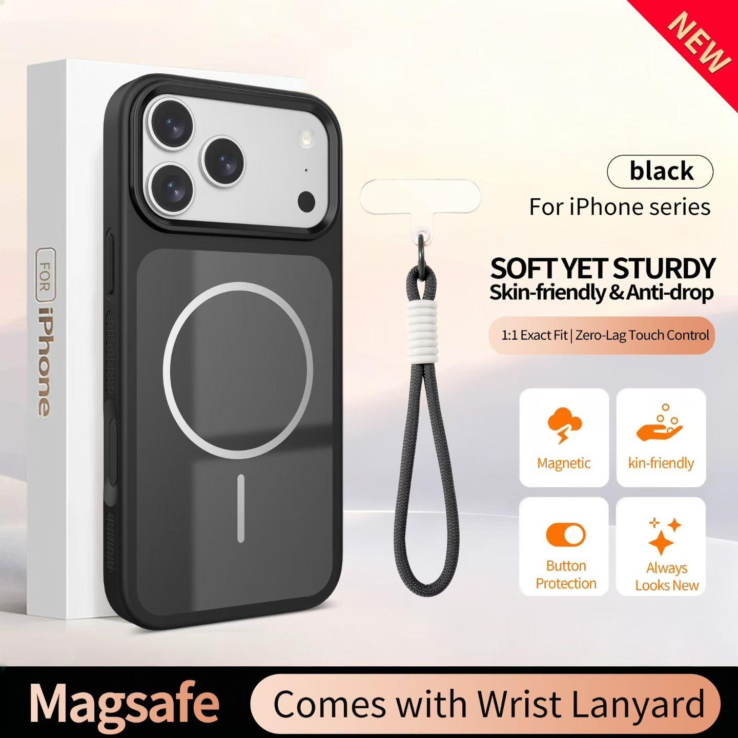 Magnetic MagSafe iPhone Case with Matching Wrist Lanyard – Glossy Glass Back & Drop Protection