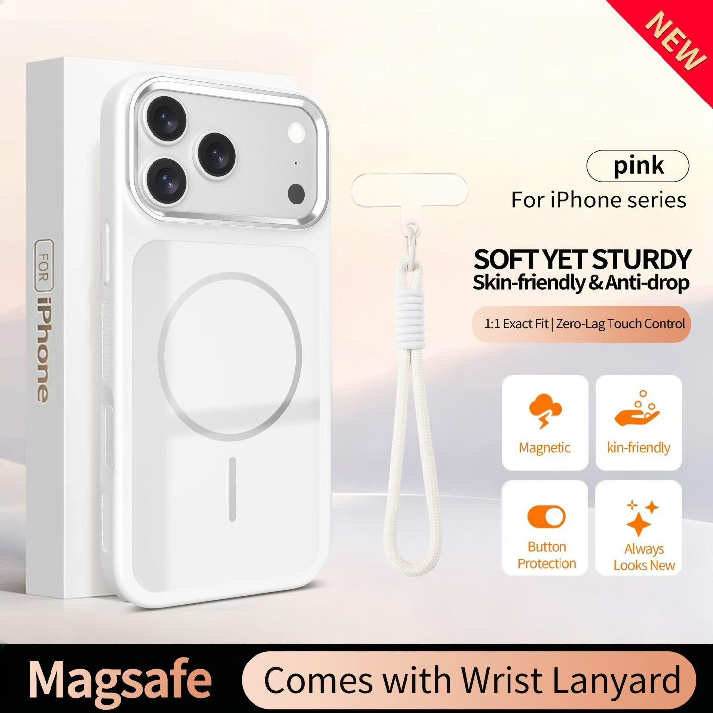Magnetic MagSafe iPhone Case with Matching Wrist Lanyard – Glossy Glass Back & Drop Protection