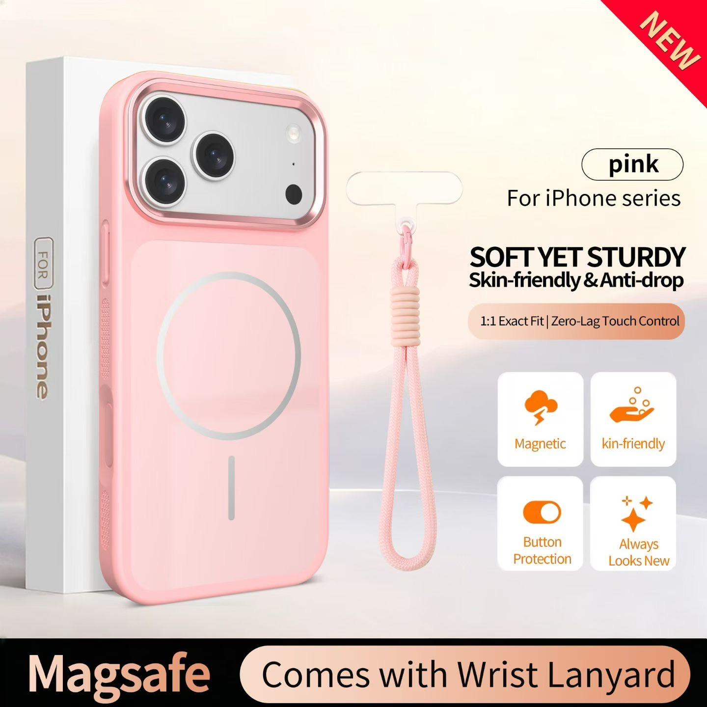 Magnetic MagSafe iPhone Case with Matching Wrist Lanyard – Glossy Glass Back & Drop Protection