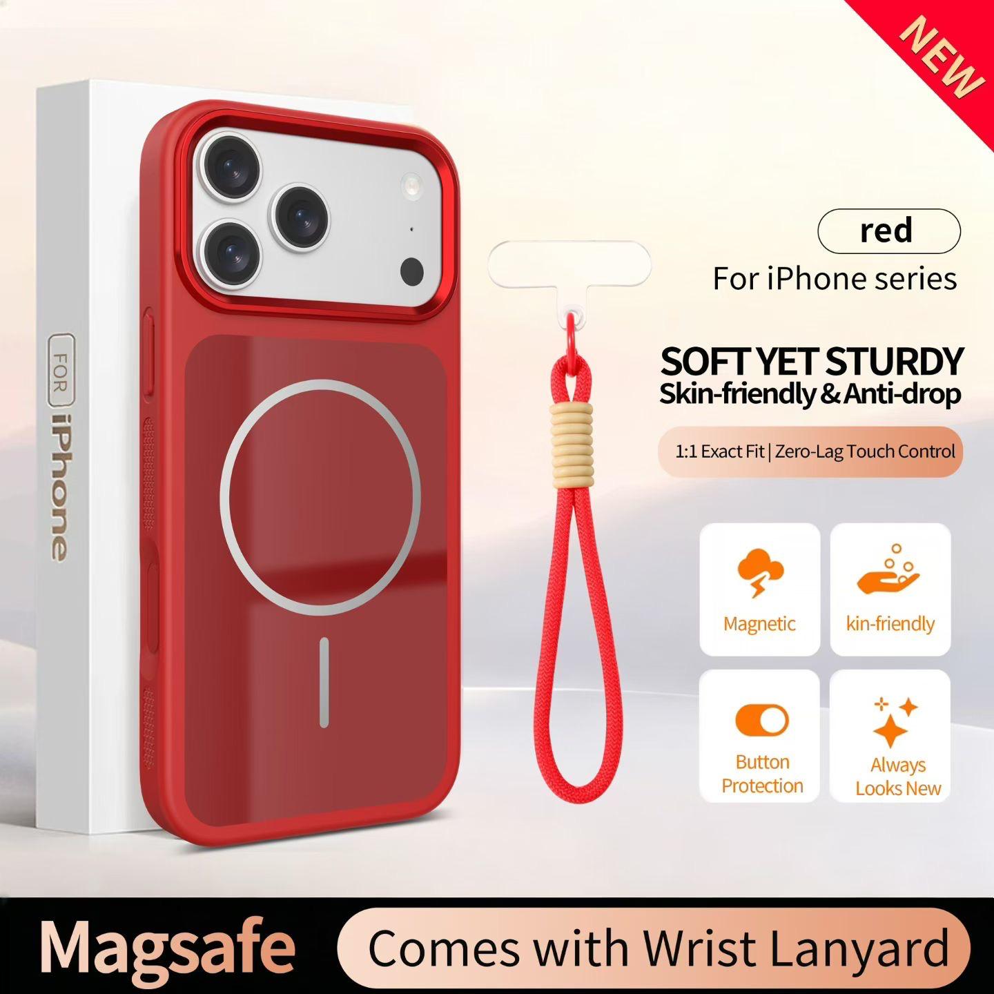 Magnetic MagSafe iPhone Case with Matching Wrist Lanyard – Glossy Glass Back & Drop Protection