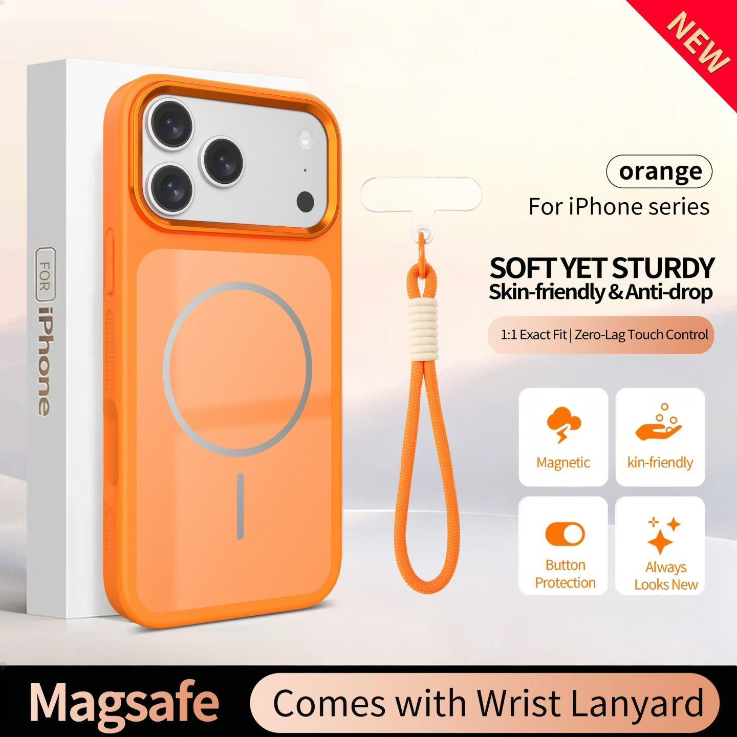 Magnetic MagSafe iPhone Case with Matching Wrist Lanyard – Glossy Glass Back & Drop Protection