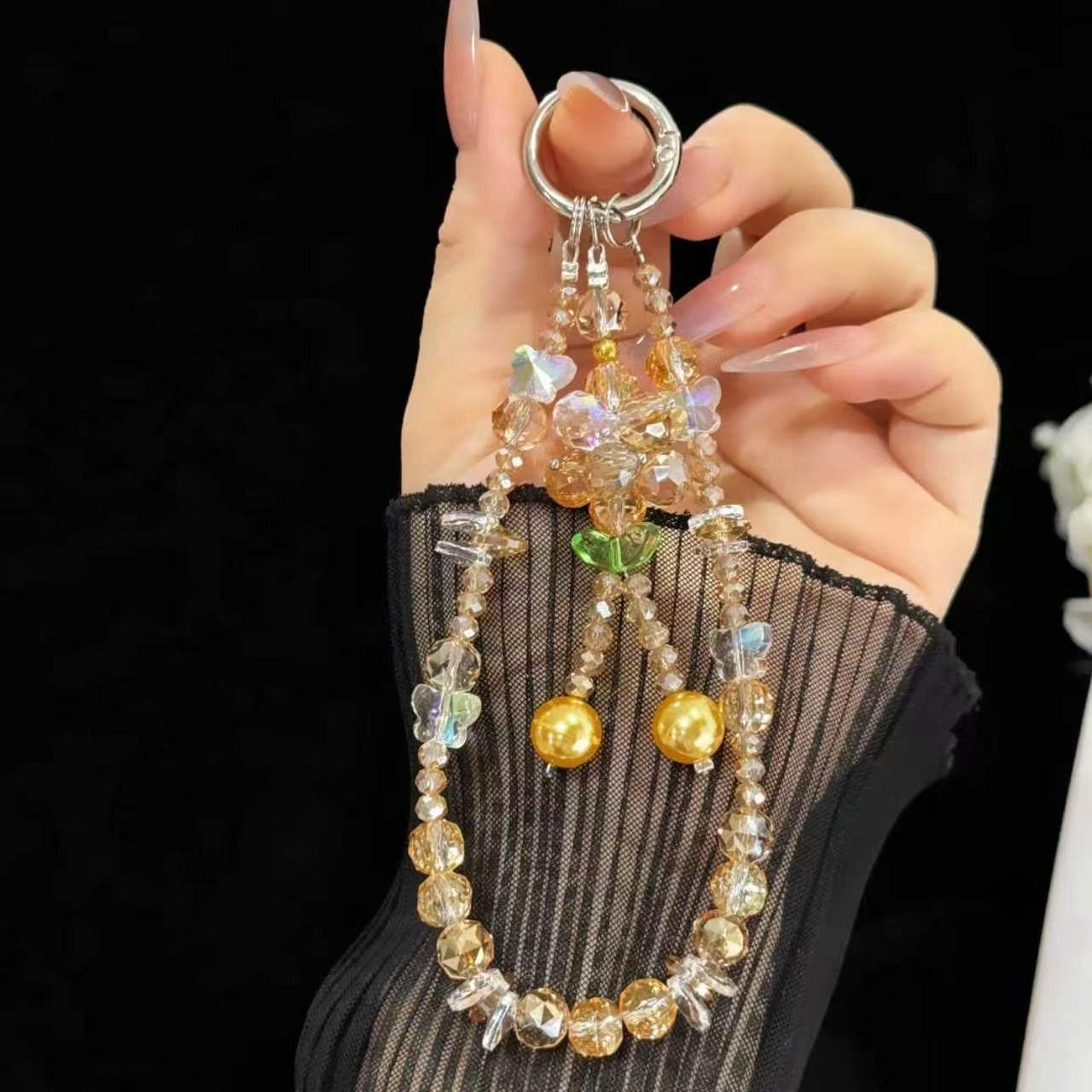 Double-Chain Crystal &amp; Large Pearl Phone Charm