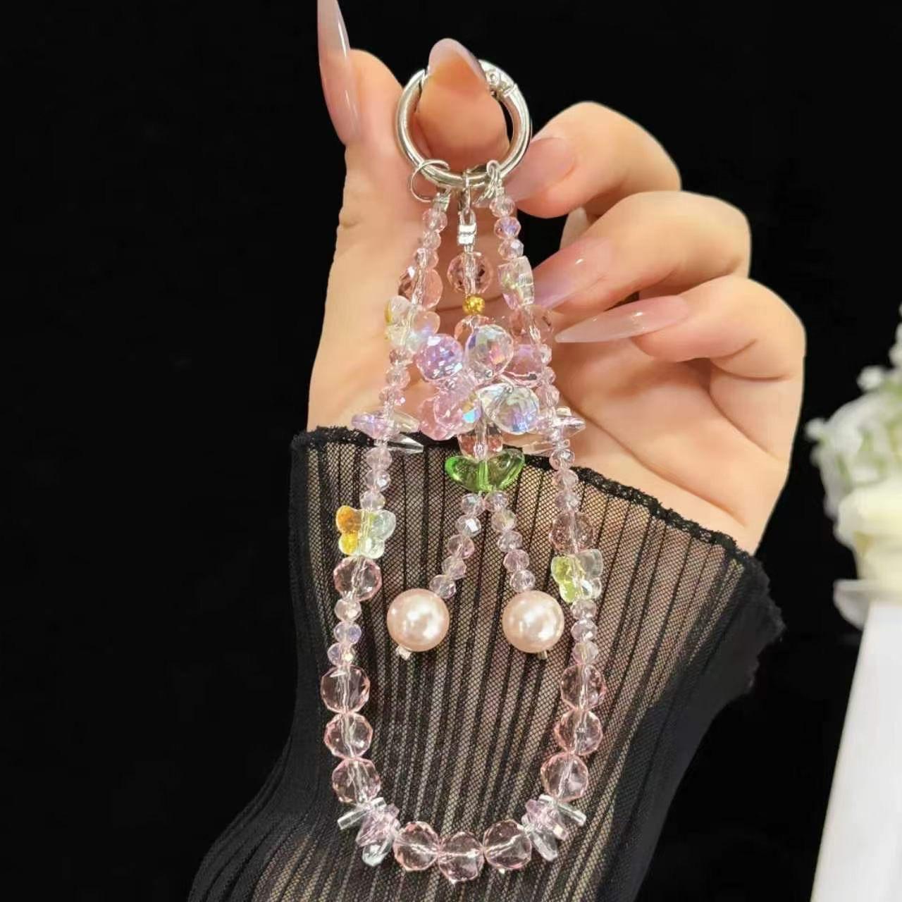 Double-Chain Crystal &amp; Large Pearl Phone Charm