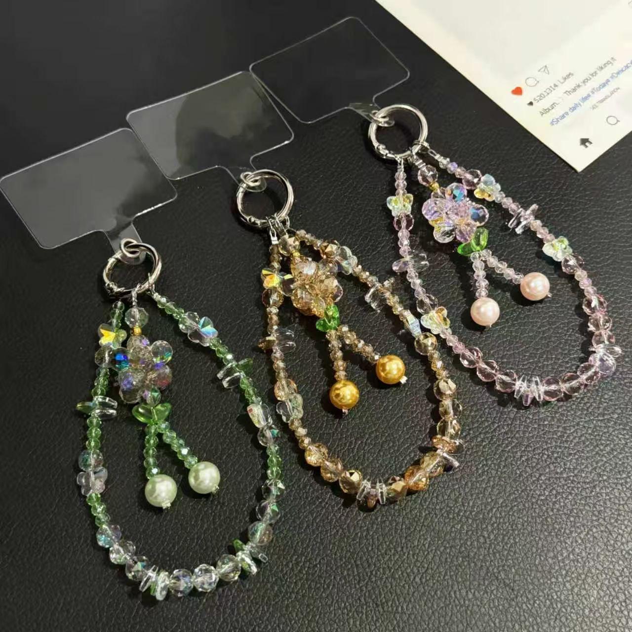 Double-Chain Crystal &amp; Large Pearl Phone Charm
