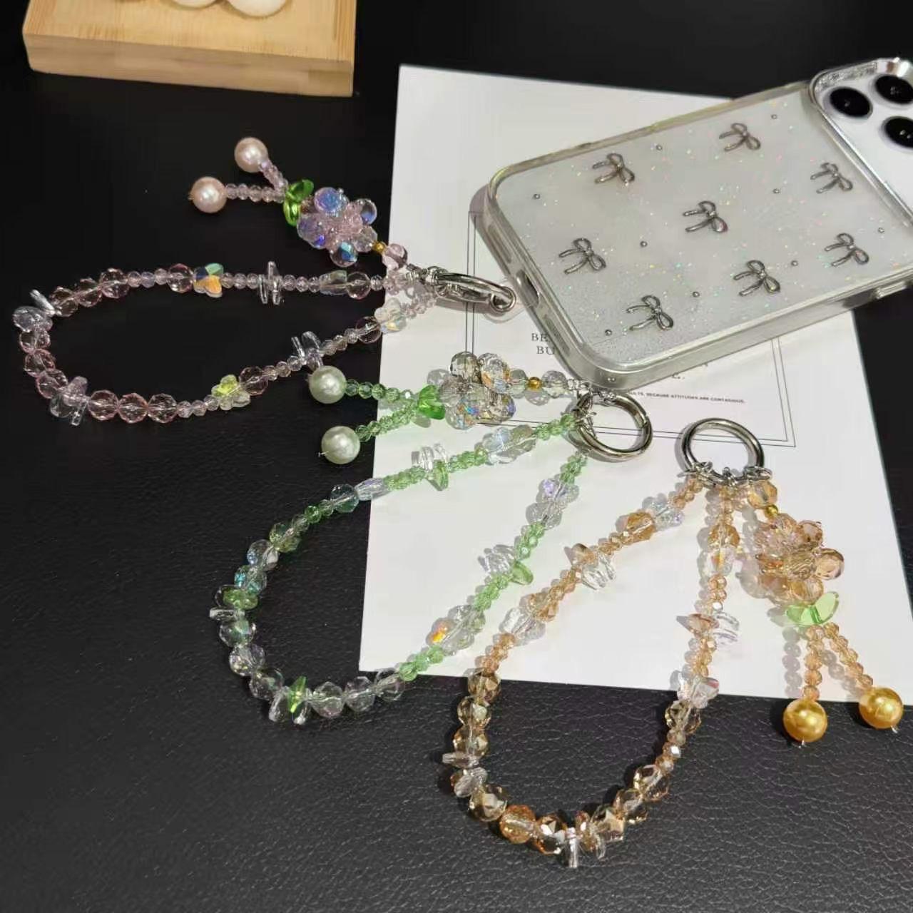 Double-Chain Crystal &amp; Large Pearl Phone Charm